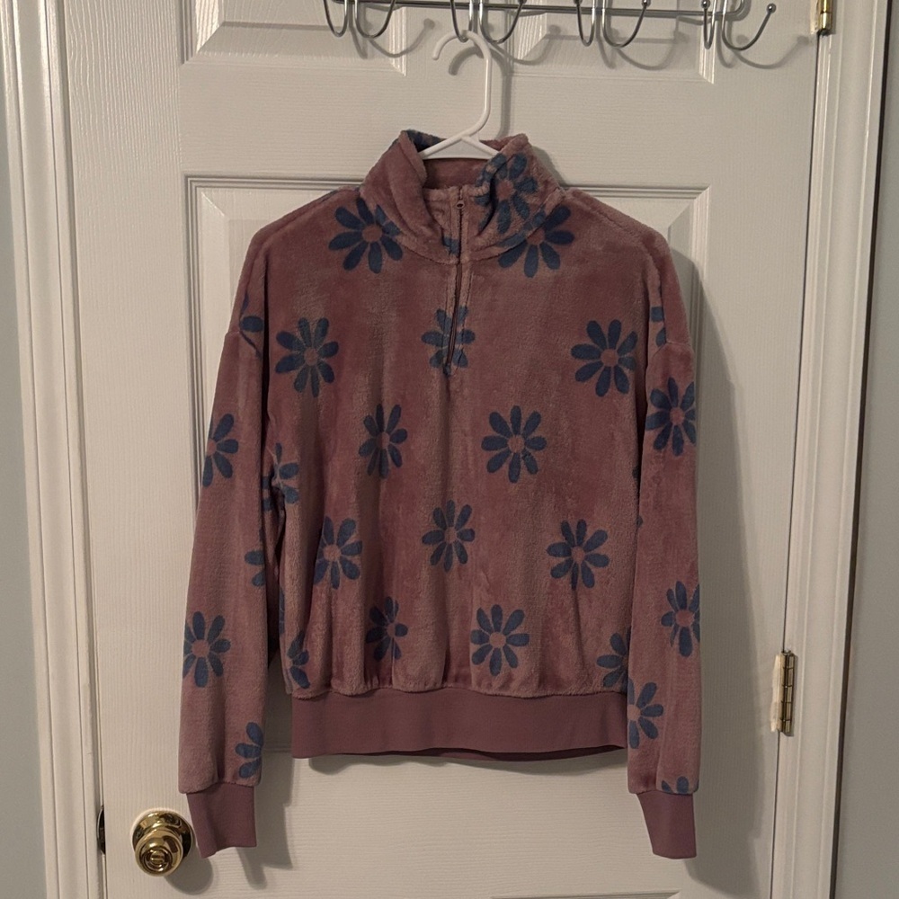 Retro Floral Zip Up Fleece Pullover Sweatshirt Women’s Size XS